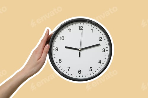 Preview: Spring Forward. Black clock with hand, on beige background.