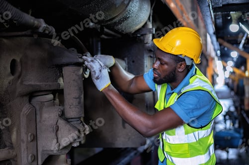 Preview: Engineer railway wearing safety gear checking train transmittal system for safety travel passenger