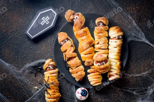 Preview: Funny sausage mummies in dough. Halloween treat
