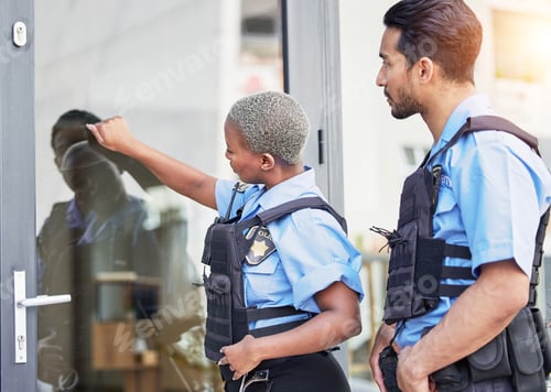 Preview: Crime, patrol and police knocking on a door for justice, security and law at a home. Together, team