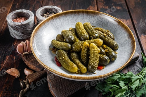 Preview: Plate with Pickled gherkins cucumbers on wooden board. Wooden background. Top view