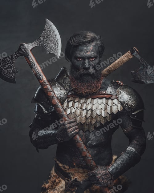 Preview: Scorched barbarian holding axe and staring to camera in dark background