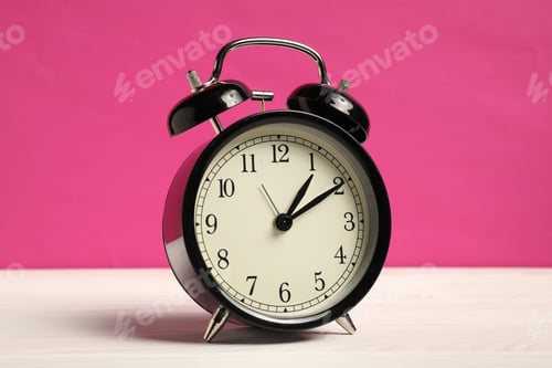Preview: One black alarm clock on white wooden table against bright pink background