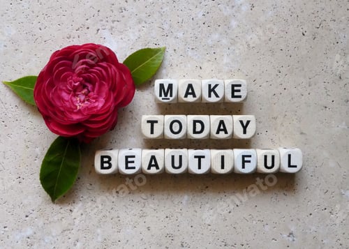 Preview: Positive quote with red flower on stone table