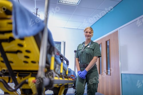 Preview: Portrait of emergency female paramedic in accident and emergency hospital