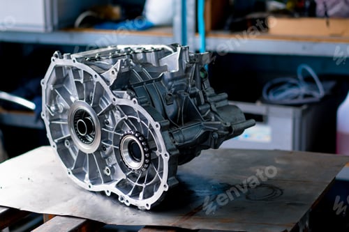Preview: Close-up of parts of a clean engine block removed from a car for repair which lie on a table