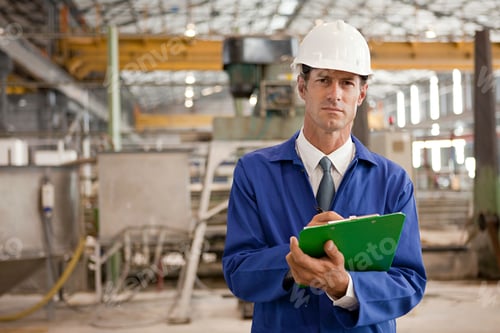 Preview: Engineer with clipboard overseeing factory operations.