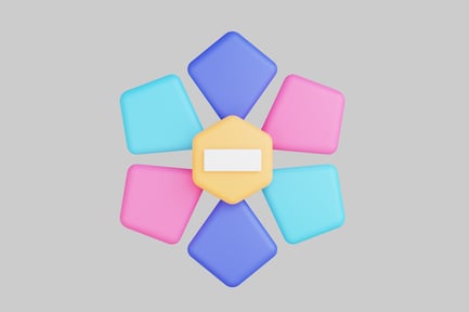 Preview: Abstract composition with yellow hexagon and six colorful squares.