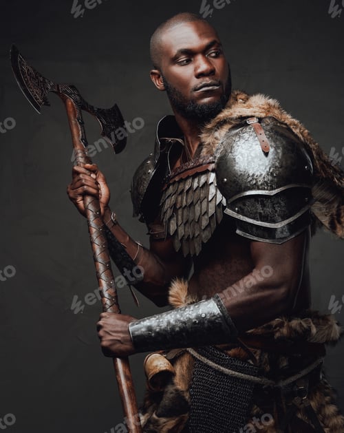 Preview: Aggressive and dangerous black skinned barbarian with axe