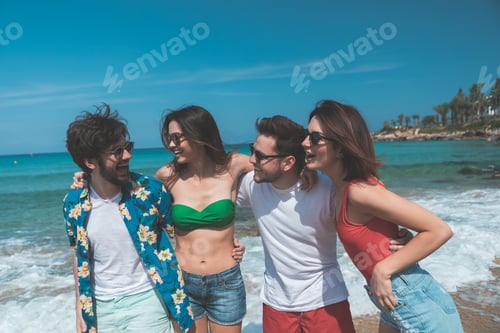 Preview: Joyful Friends Are Relaxing At Summer Resort Together. They Are Standing At The Seaside And
