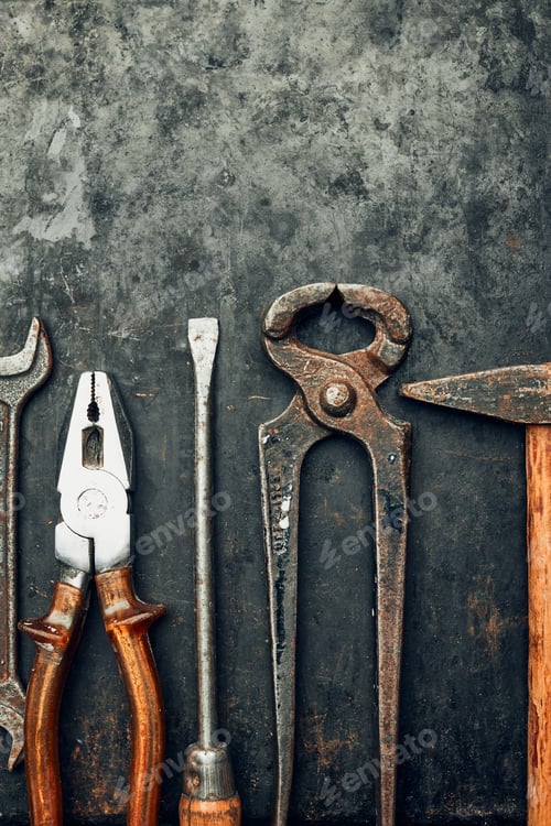 Preview: Old hardware tools. Mechanic tools for maintenance. Hardware tools to fix. Technical background