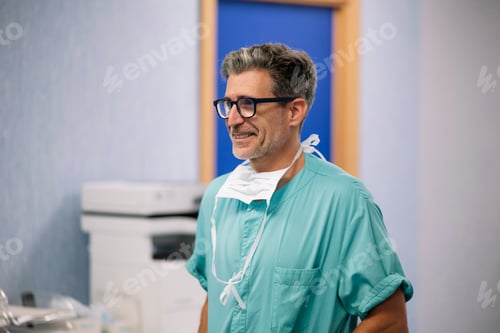 Preview: Side profile of smiling doctor in scrubs and glasses standing confidently in hospital corridor