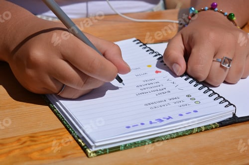 Preview: Young woman writing in a bullet journal, pen in hand, page open to key symbols