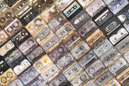 Preview: March 28,2021, Minsk, Belarus.A huge collection of audio cassettes. Retro music background