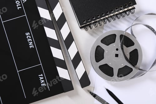 Preview: Movie clapper, film reel, notebook and pens on light table, flat lay