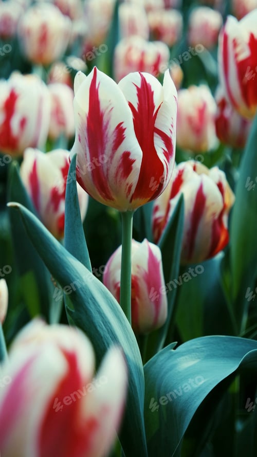 Preview: Red and White Tulips in a Spring Garden