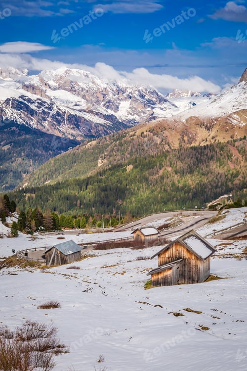 Preview: Wonderful view to small cottage in snowy Dolomites, Italy, Europe