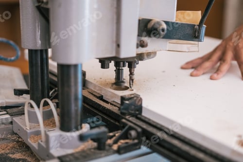 Preview: Industrial machine drilling a hole in a wooden panel in a workshop