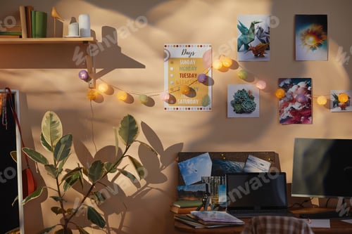 Preview: Teens room with wall decor posters and clutter in sunlight