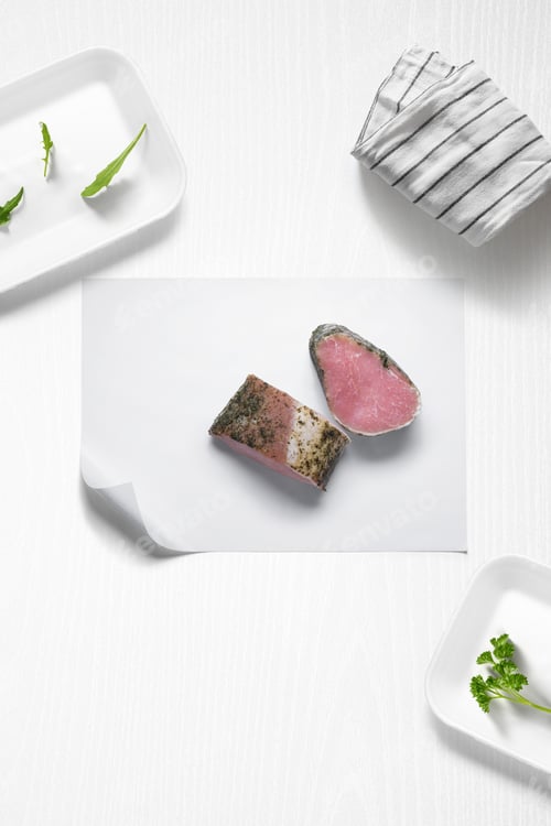Preview: Two Slices of Meat on a White Tablecloth