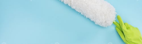 Preview: panoramic shot of cleaner in green rubber glove holding duster on blue background