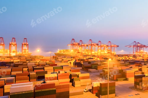 Preview: container wharf in nightfall, international import and export trade background