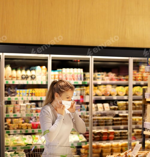 Preview: Supermarket Shopping, Face Mask,Woman Choosing A Dairy Products At Supermarket