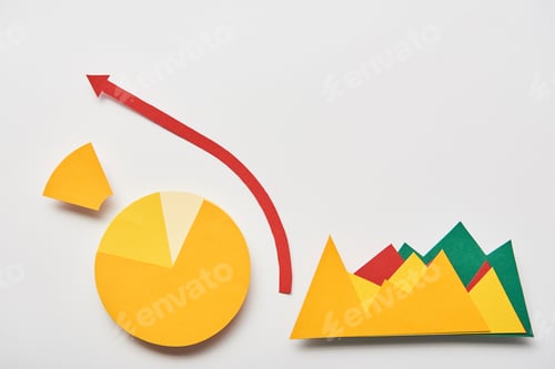 Preview: top view of paper chart and graphs, pointer on white background