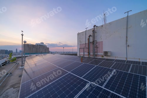 Preview: Solar panels or solar cells. Renewable energy source. Eco technology for electric power in industry.