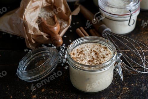 Preview: Glass jars with served rice and milk