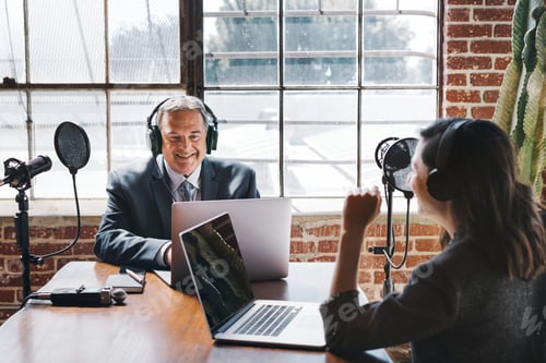 Podcast Recording with Two Adults at Table