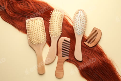 Preview: Set of different wooden brushes, combs and lock of hair on beige background, flat lay