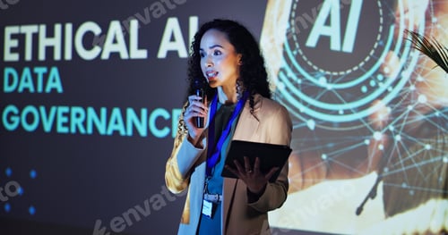 Preview: Business, speaker and woman at seminar with mic, tablet and ideas in ethical data governance on sta