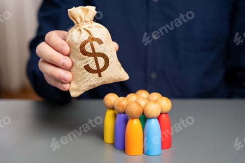 Preview: Businessman holding dollar money bag over group of people figurines.