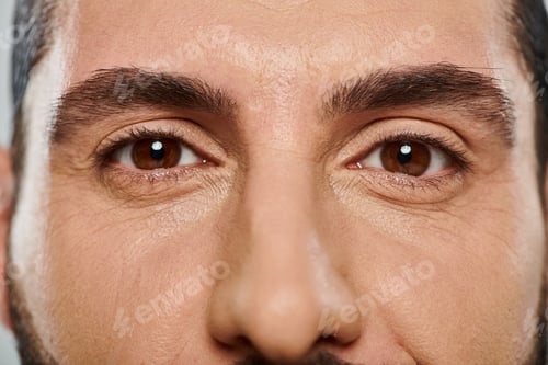 Preview: close up shot of brown eyed arabic man looking at camera g on grey background, part of face