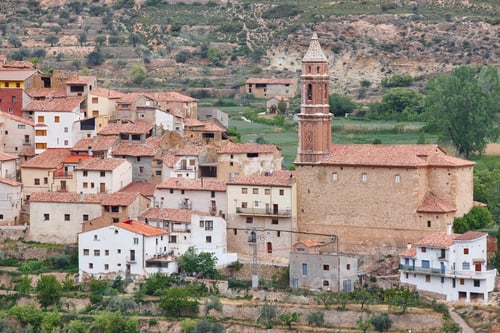 Preview: Traditional village with stone church. Seno, Teruel. Spain. Travel background