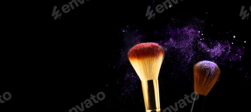 Preview: Cosmetics brushes and explosion purple makeup powder. Makeup brush with colorful powder