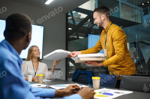 Preview: People eats pizza, business lunch in IT office