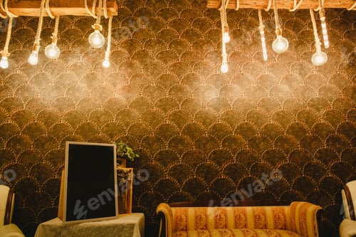 Preview: Warm wall decorated with light bulbs and ropes and free room to place text in a empty frame
