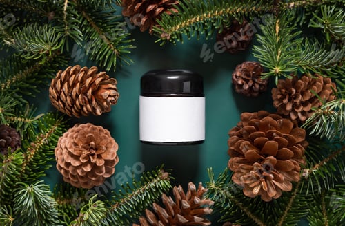Preview: Brown glass jar near fir branches and pine cones on dark green top view. Brand packaging mockup.