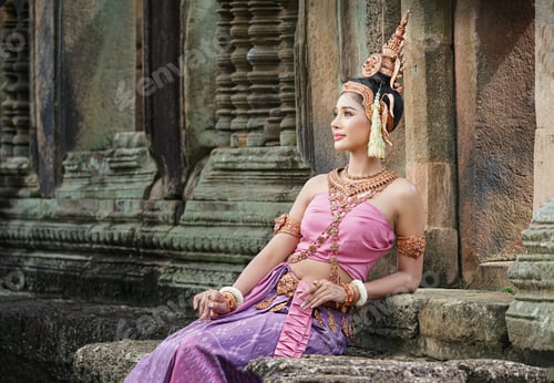 Preview: Asian charming woman wearing typical Thai dress identity culture