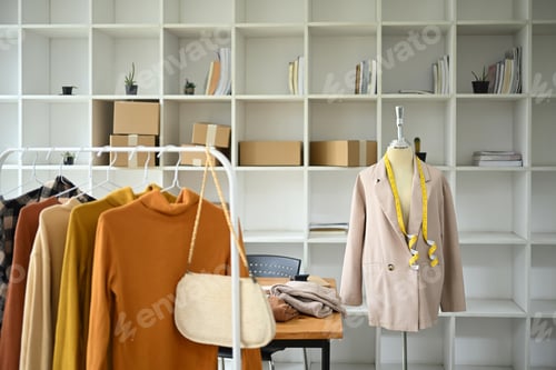 Preview: Rail with earth tone sweater collection in designer clothes store