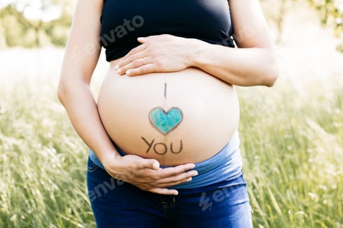 Preview: Young pregnant woman holding baby belly, I love you
