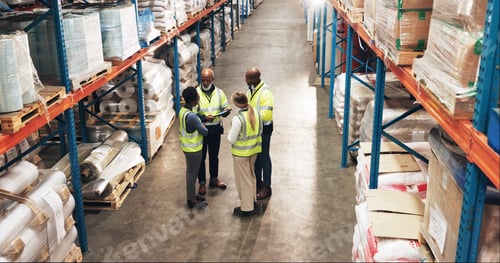 Preview: Logistics, inspection and group of people in warehouse with tablet for online checklist in distribu