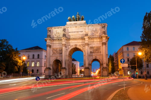 Preview: Siegestor Memorial Arch at Night and Car Light Trails. Munich, Bavaria, Germany