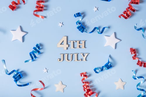 Preview: USA Independence day 4th july wooden text. Red and blue spirals and white stars elements