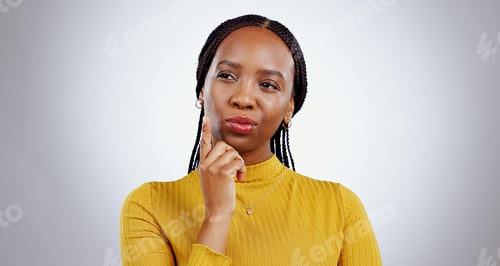 Preview: Thinking, confused and black woman in studio with brainstorming emoji on grey background. Idea, dou