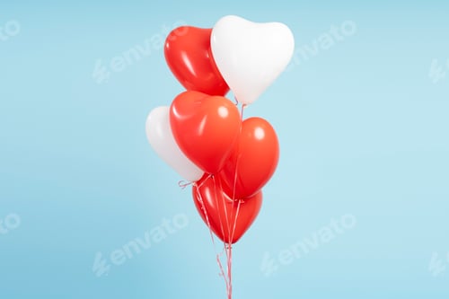 Preview: Bunch of red and white heart shaped balloons floating on light blue background