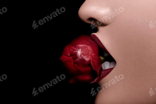 Preview: Bitting sexy a rose in red lips on black bakcground