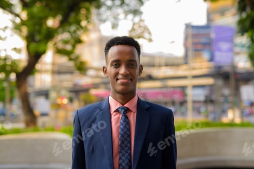 Preview: Portrait of successful young African businessman wearing suit and tie while smiling